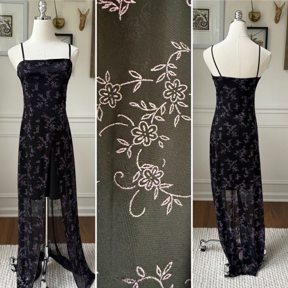 Vintage 90s Next Up Black Purple Glitter Flower Hi Lo Dress S